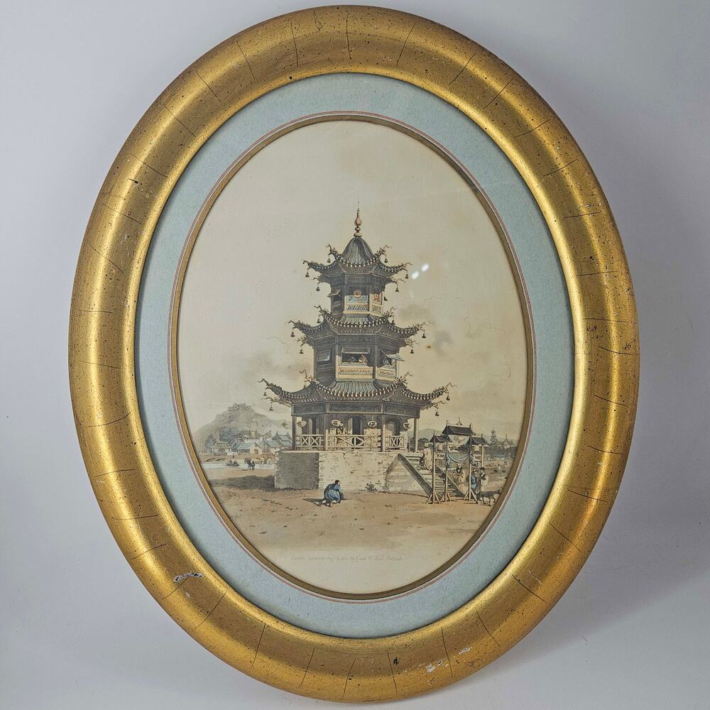 Antique 1801 Chinese Art Print William Alexander Pagoda Temple framed w text